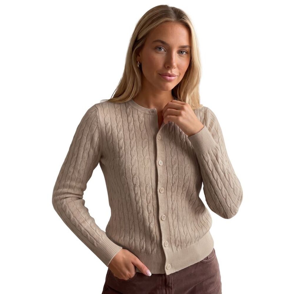 Women Crew Neck Long Sleeve Button Up Fall Winter Knitted Sweater Camel